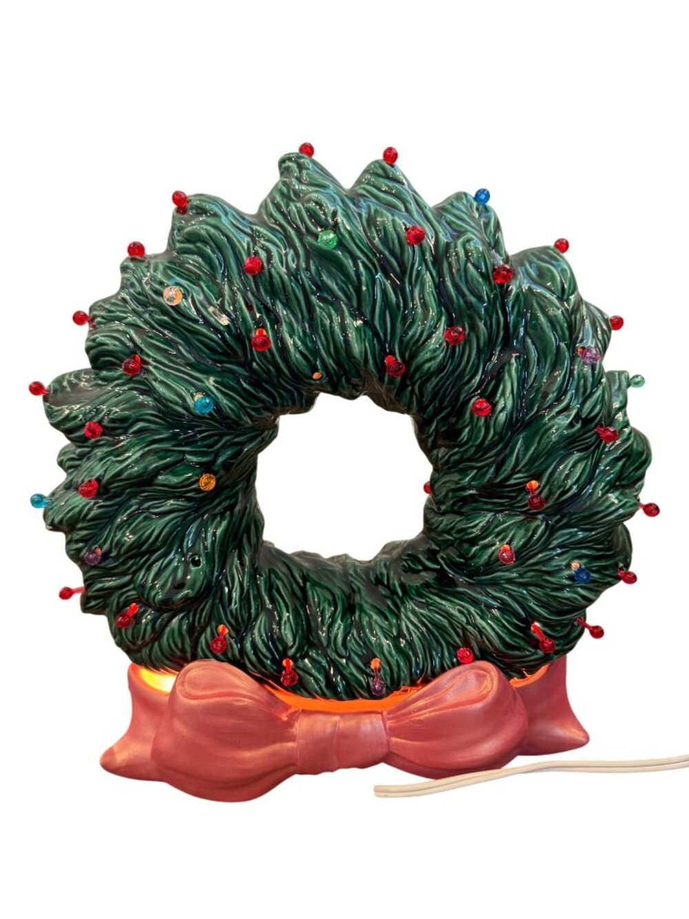 Vintage Ceramic Light-Up Christmas Wreath Decoration With Bow & Multicolor Bulbs